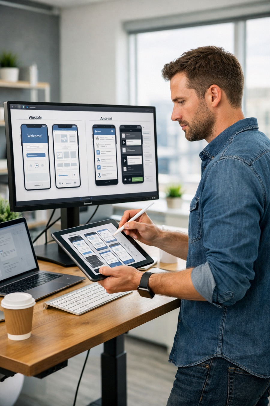 Mobile app developer reviewing iOS and Android app UI wireframes