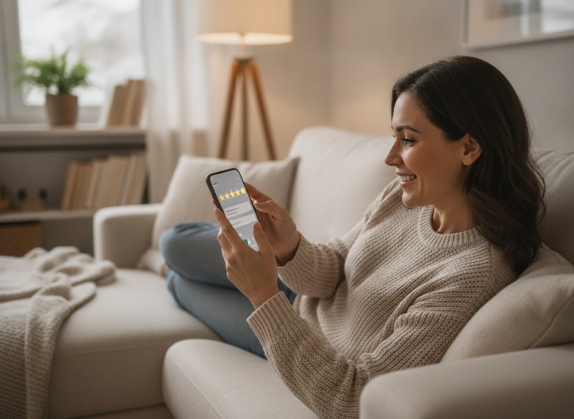 A customer on a home sofa rating a completed on-demand service five stars on a smartphone