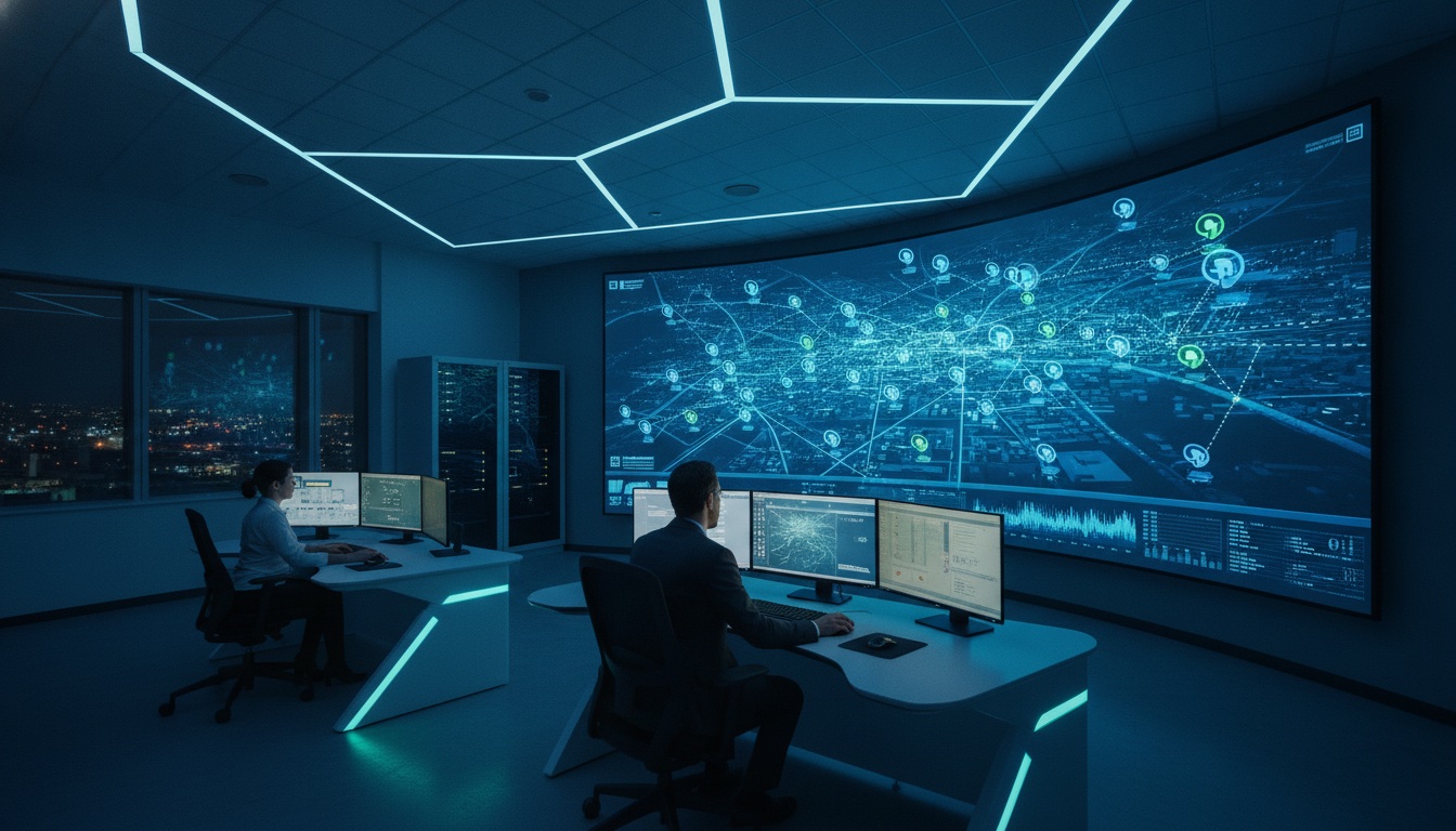 Operators in a dispatch control room monitoring a live city map of on-demand service jobs across multiple screens