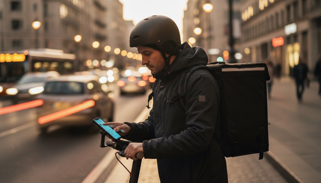 A gig-economy courier on an electric scooter checking a delivery request notification on a phone mounted to the handlebar, city street lit at dusk