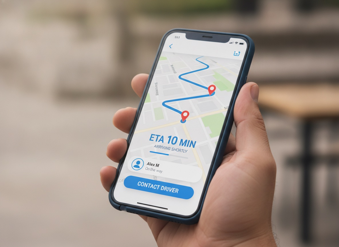 Close-up of a smartphone showing a live GPS tracking map with a moving vehicle icon and route line for an on-demand service provider en route