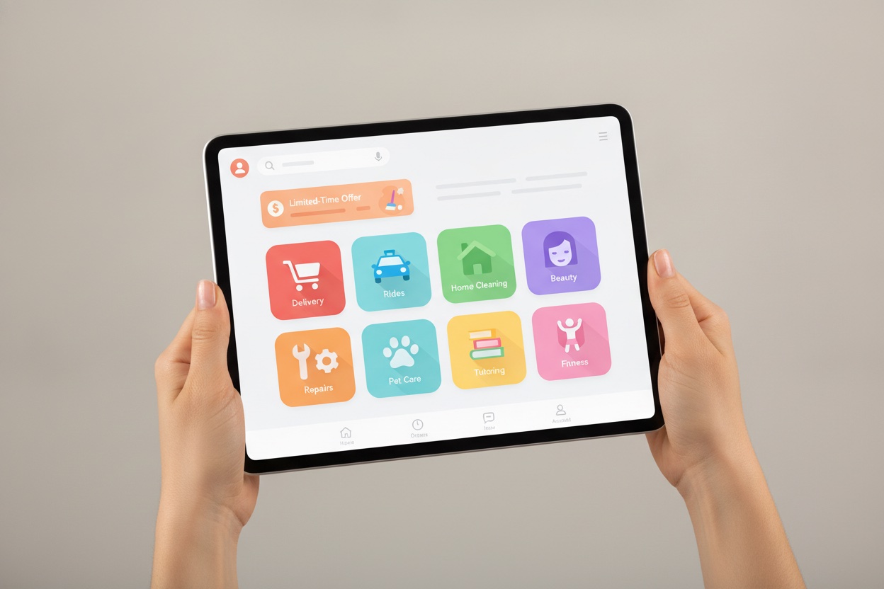 A tablet displaying a multi-service on-demand marketplace app home screen with a grid of service category icons