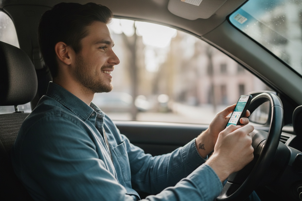 An on-demand service provider checking a weekly earnings and payout dashboard on a smartphone while sitting in a parked car