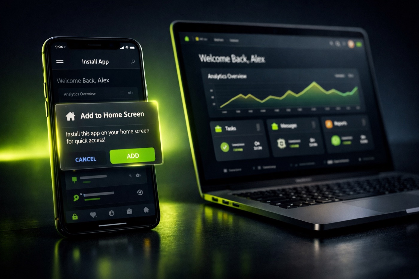 Progressive web app development โ installable app interface on phone and laptop