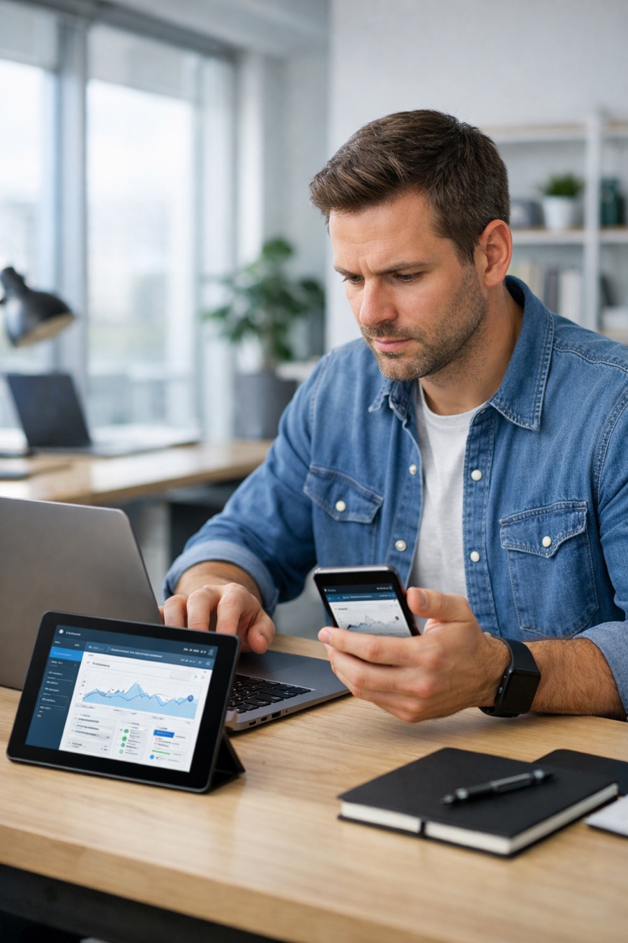 Engineer testing a progressive web app across laptop, tablet and smartphone