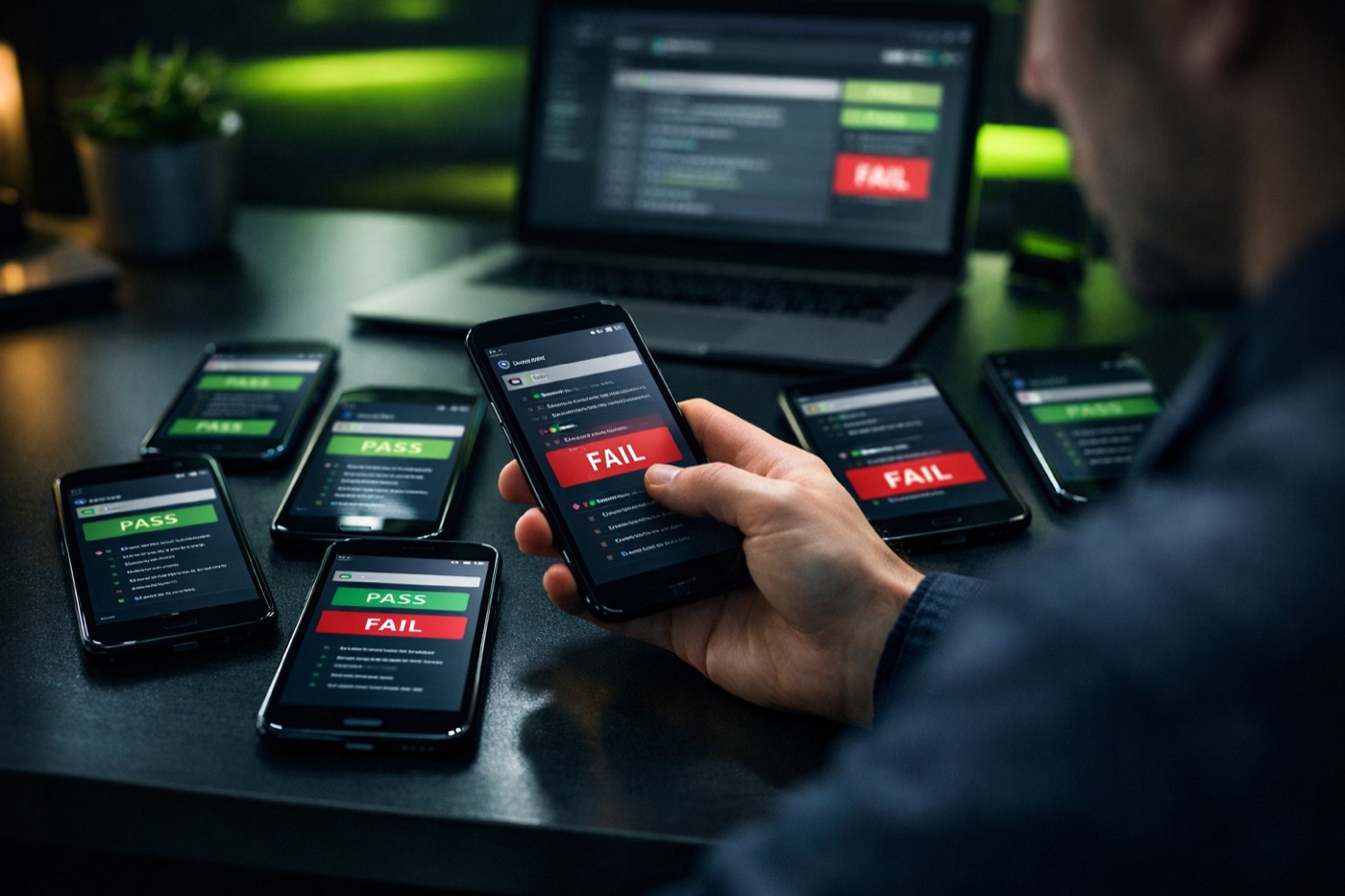 Mobile app quality assurance: QA engineer testing an app across real devices