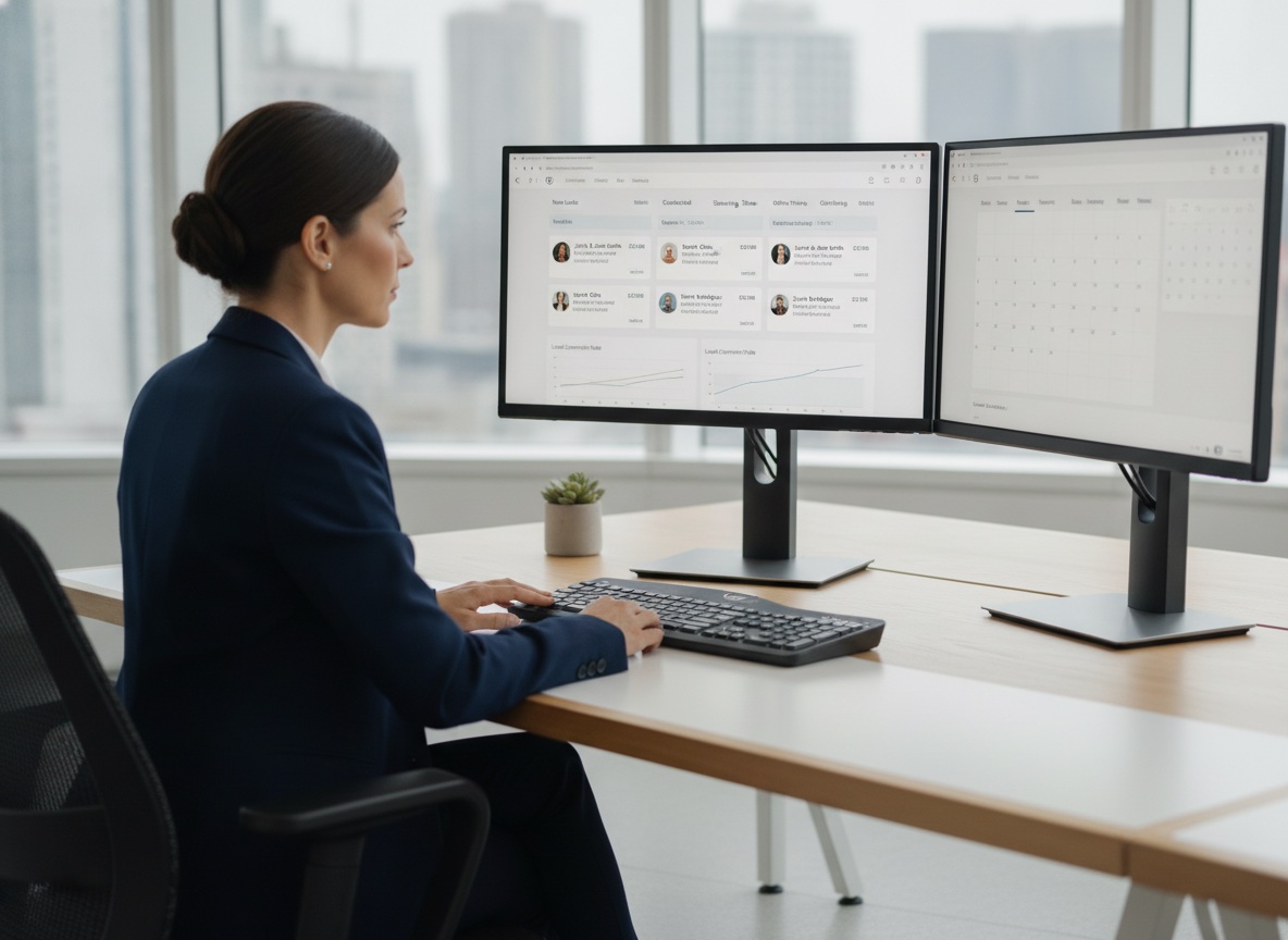 A real estate agent at a desktop monitor reviewing a CRM and lead-management dashboard with a kanban-style lead pipeline