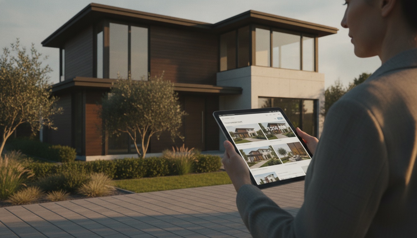 A prospective home buyer standing outside a modern house at golden hour, viewing a property listing on a tablet