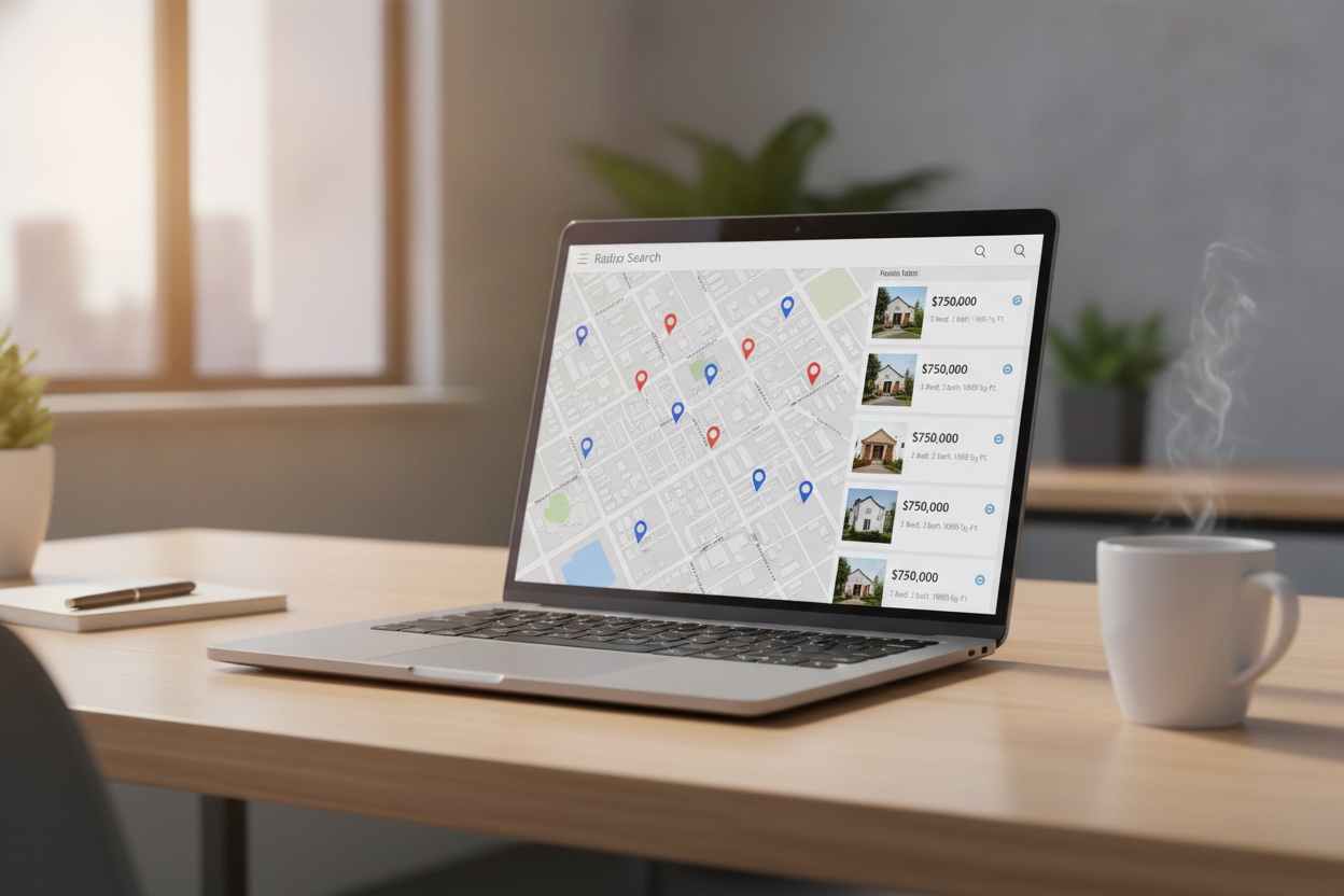 A real estate agent's laptop screen showing a map-based property search interface with listing pins and a sidebar of listing cards