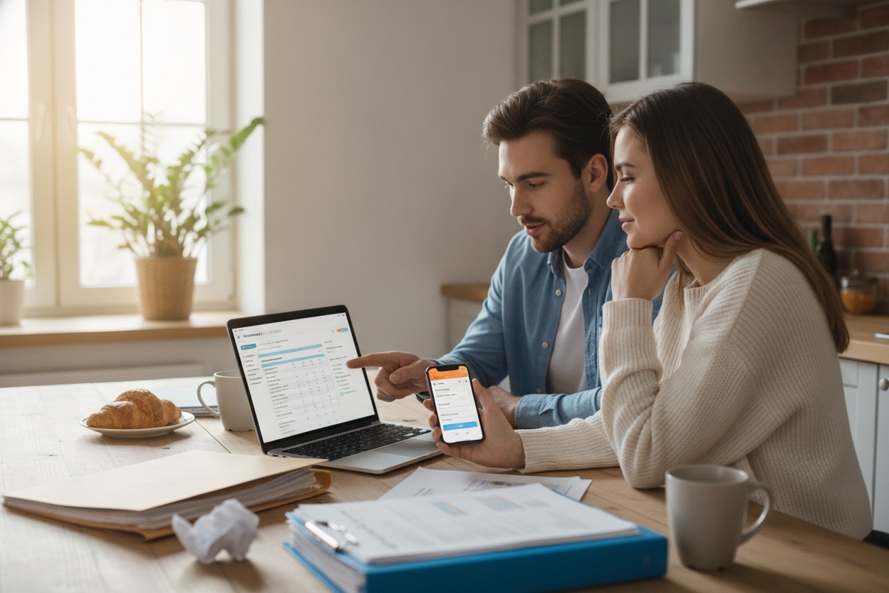 A couple at a kitchen table reviewing a mortgage and home-financing calculator app on a smartphone and laptop
