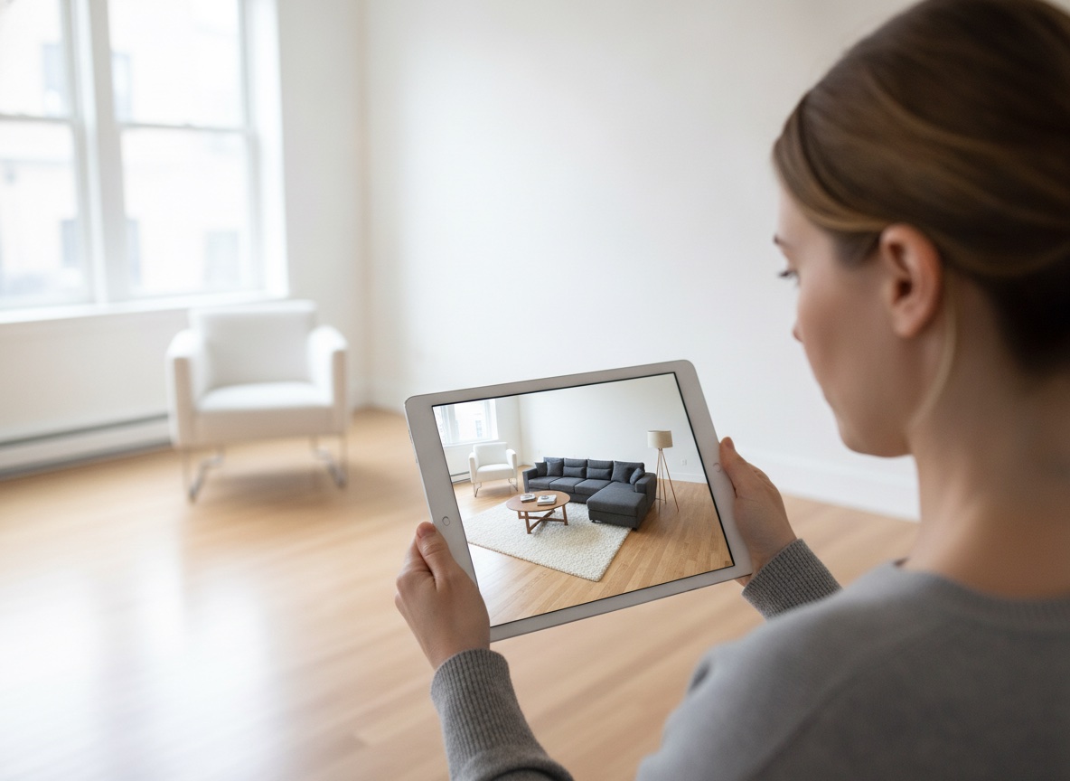 A person holding a tablet in a mostly empty living room, using an AR virtual staging app that overlays rendered furniture onto the real room