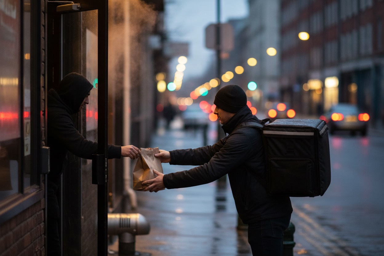 A food delivery rider picking up a sealed delivery bag from restaurant staff at a back entrance in the evening
