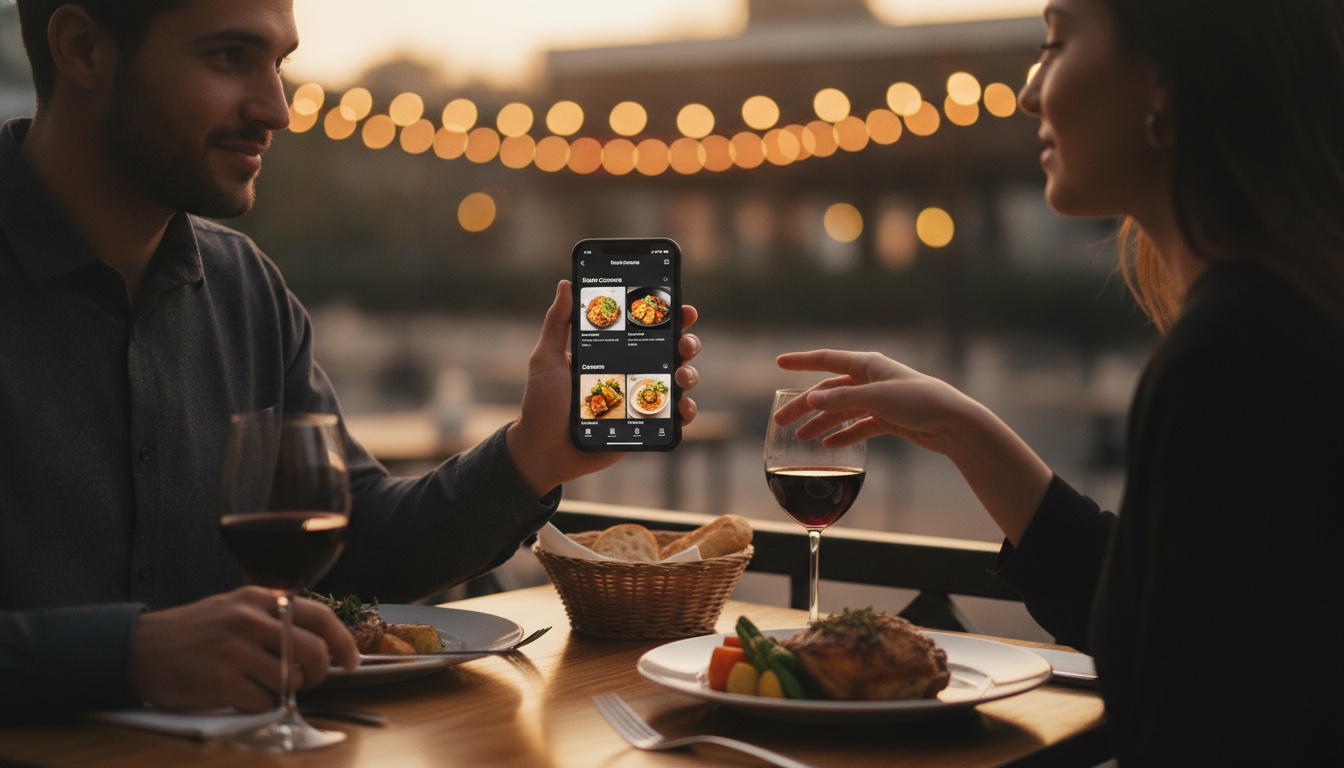 A couple at a restaurant table in the evening browsing a digital restaurant ordering app on a smartphone, with warm string lights in the background