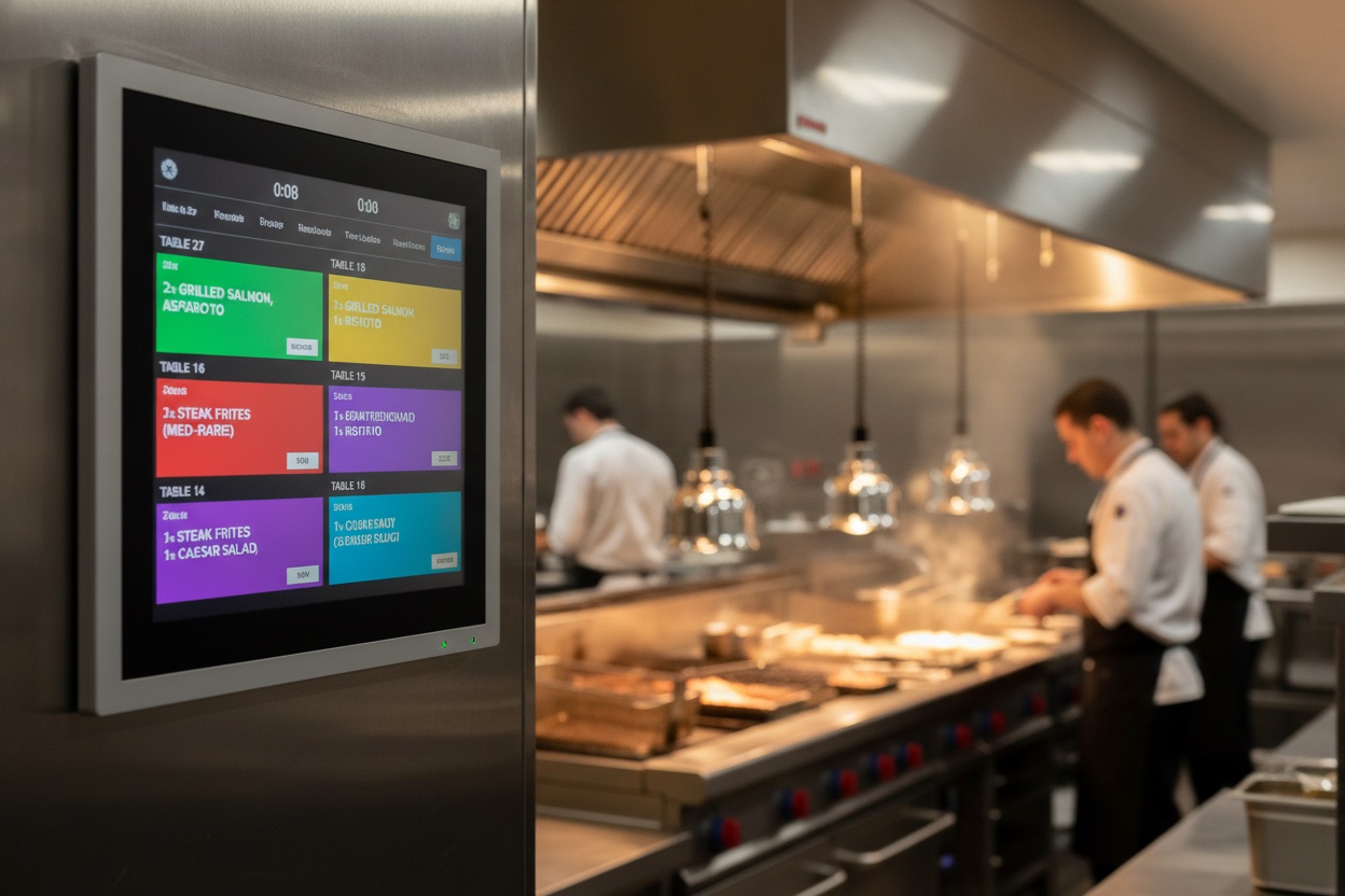A kitchen display system screen mounted in a busy restaurant kitchen showing a grid of digital order tickets with timers and station routing