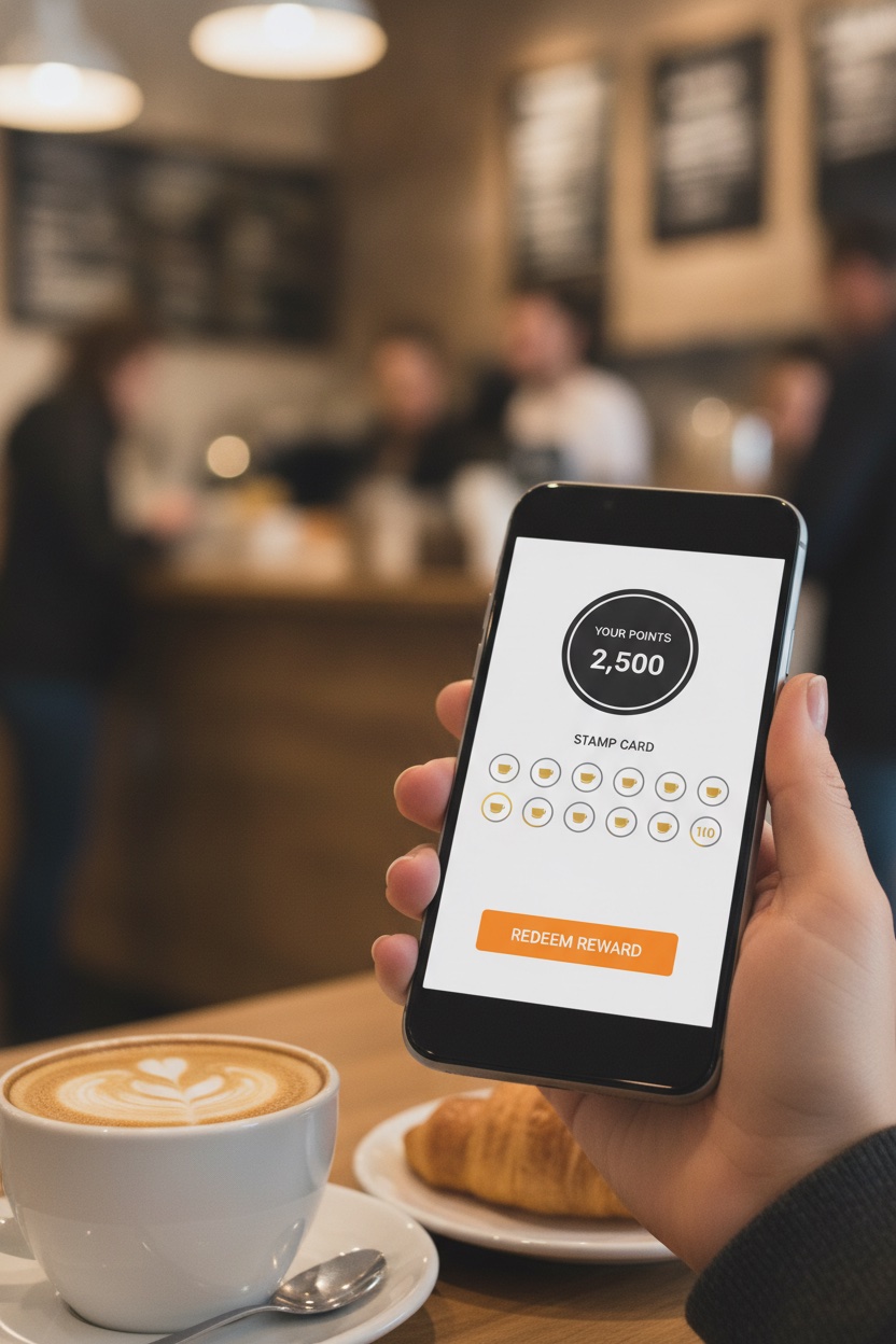 A customer holding a smartphone showing a restaurant loyalty and rewards app with a points balance and redeem-reward button at a café counter