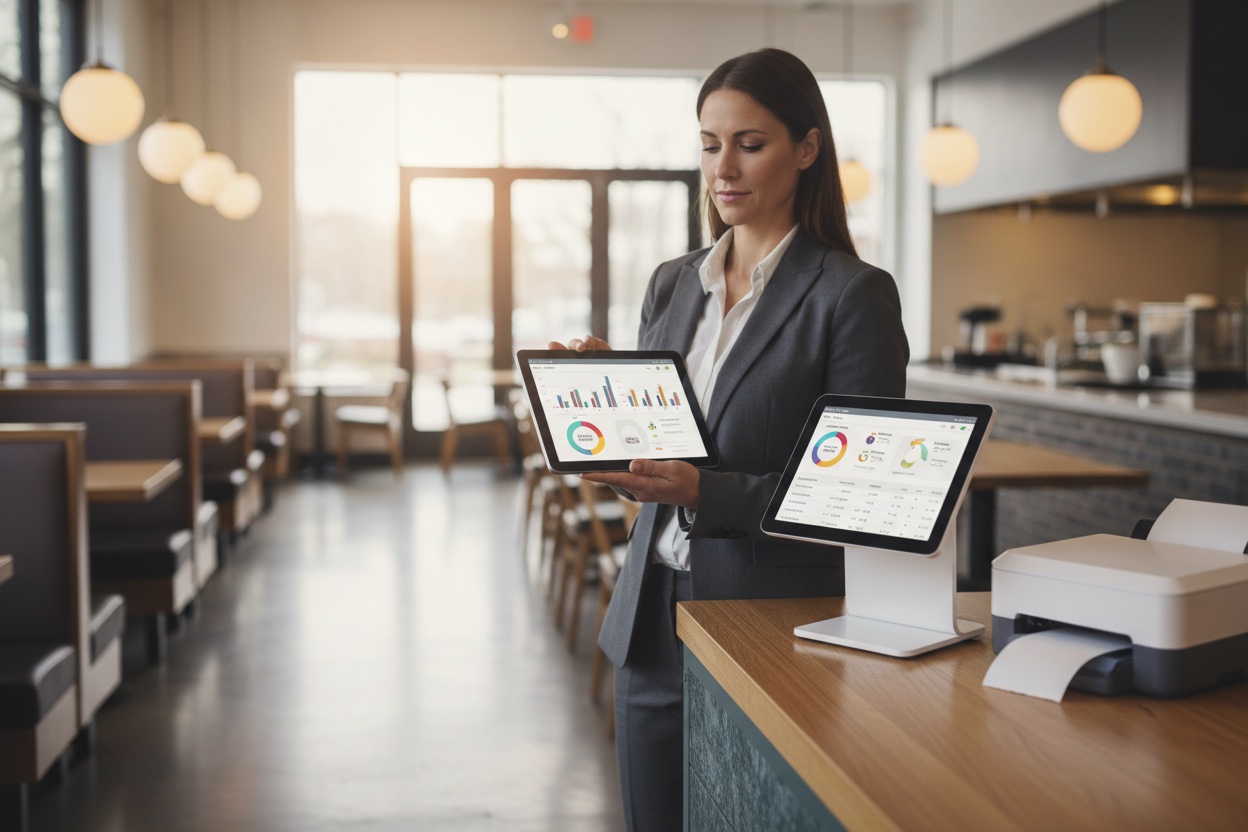 A restaurant manager reviewing a point-of-sale and inventory management dashboard on a tablet at the front counter