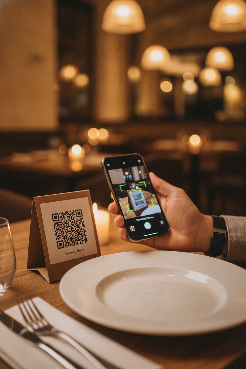 A restaurant customer scanning a table-tent QR code with their smartphone to open the digital menu and start a table-side order