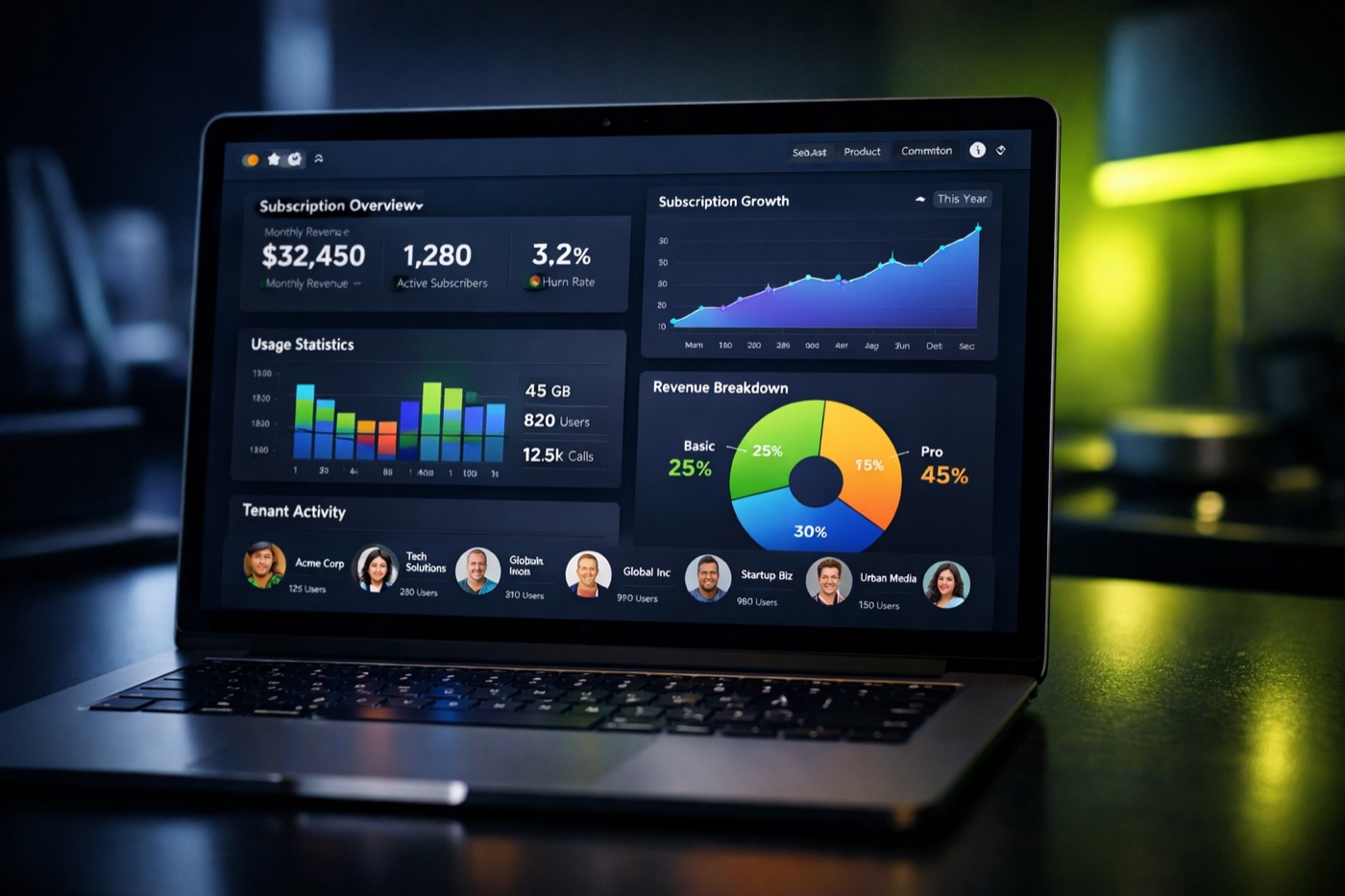 SaaS development services: subscription platform dashboard on laptop screen
