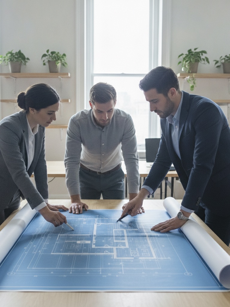 Engineering team reviewing an architecture blueprint