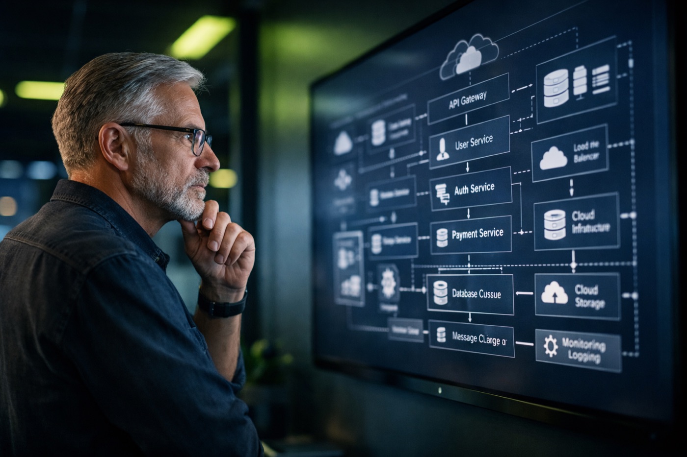 Software engineering services: engineer reviewing system architecture diagrams