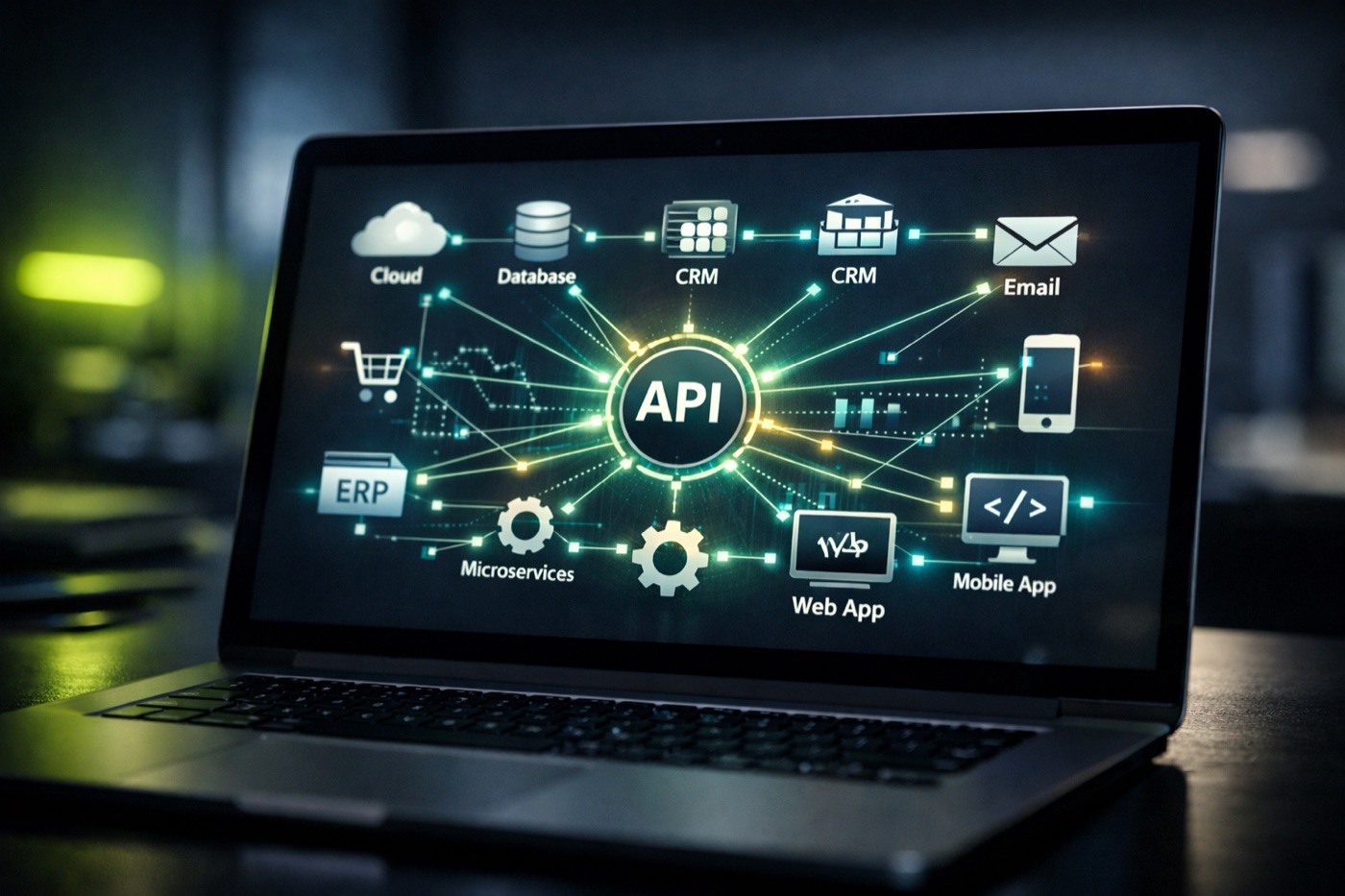 Software integration services: connected systems network diagram on screen