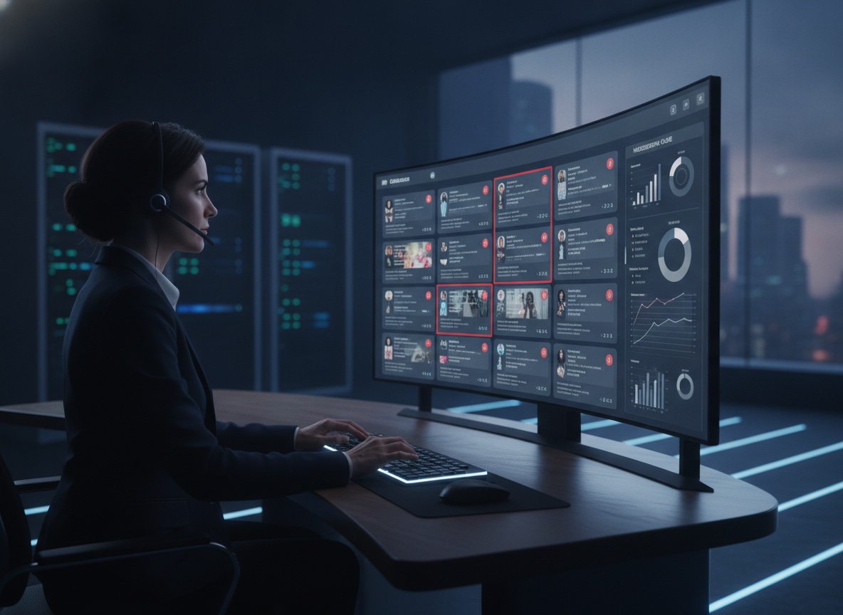 Trust and safety analyst reviewing an AI content-moderation dashboard, with flagged social media post thumbnails outlined in red and a moderation queue sidebar