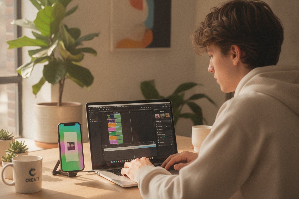 Content creator editing a short vertical video on a laptop with a filter and effects panel visible, a smartphone beside it mirroring the edited clip