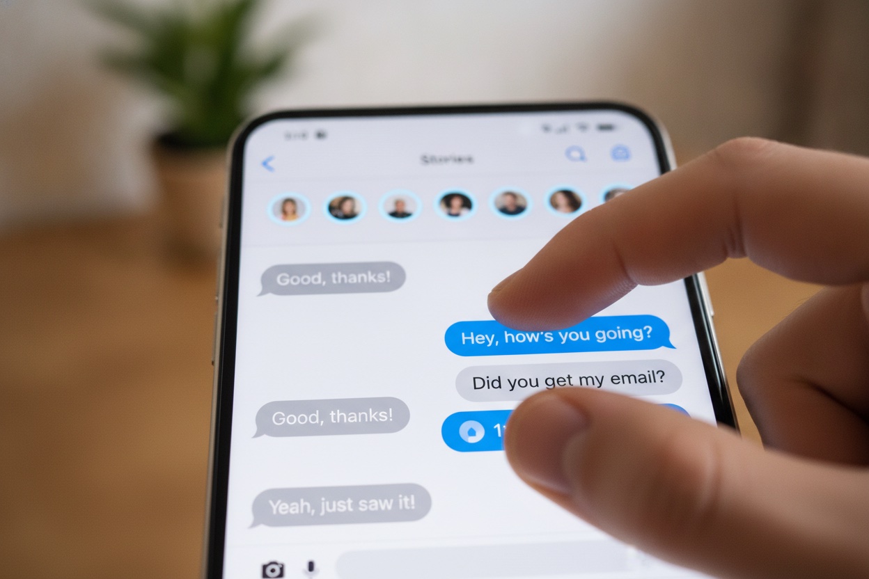 Smartphone screen showing a direct-messaging app interface with story rings at the top and a chat conversation below