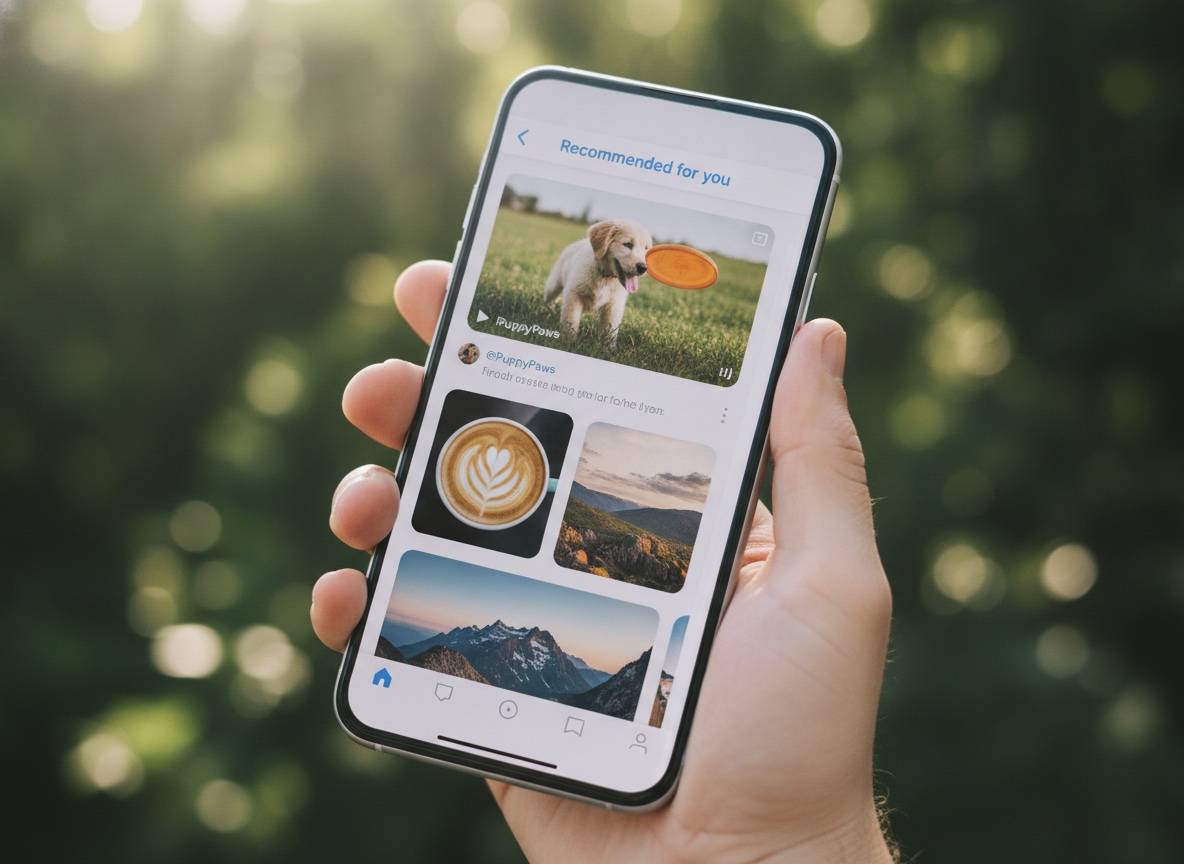 Smartphone screen showing a personalized For You social media recommendation feed with like, comment, and share icons on each content card