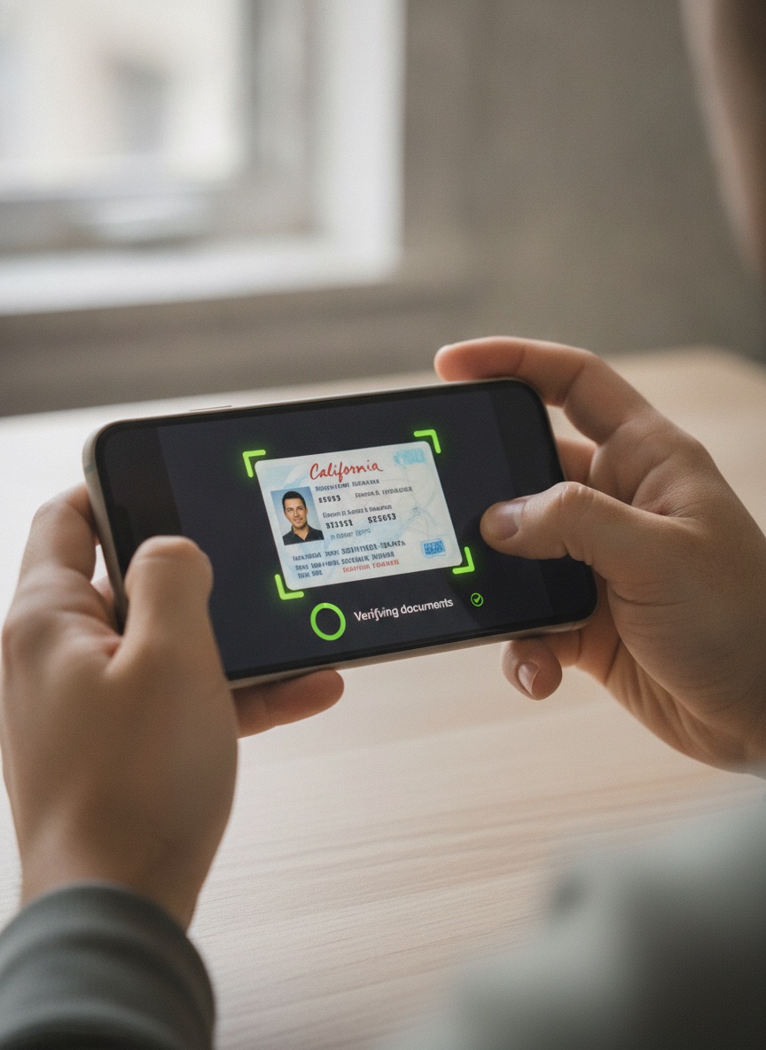 A driver document-verification and onboarding flow on a phone, showing an ID card being photographed for upload