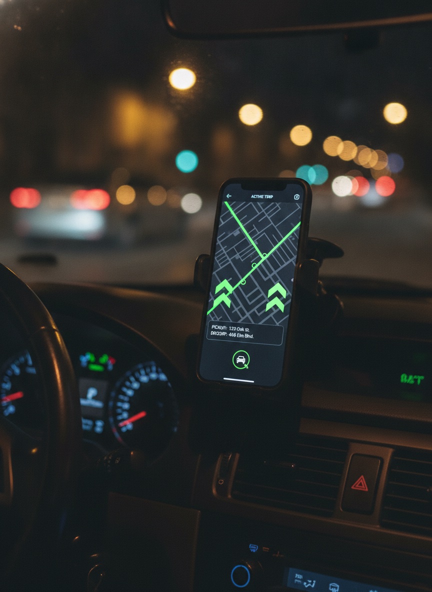 A driver's dashboard-mounted phone displaying an active trip request with turn-by-turn navigation to the pickup point
