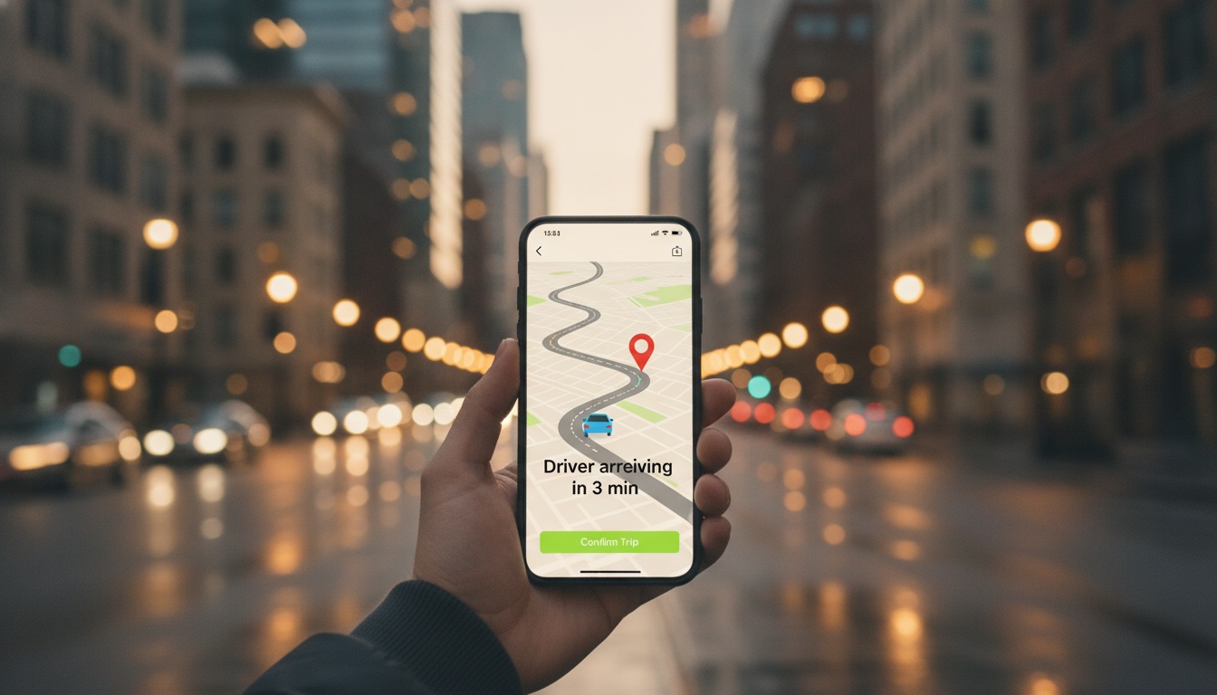 A passenger's hand holding a smartphone that shows a live map with a driver's car icon approaching and an ETA countdown, city street visible in the background at dusk