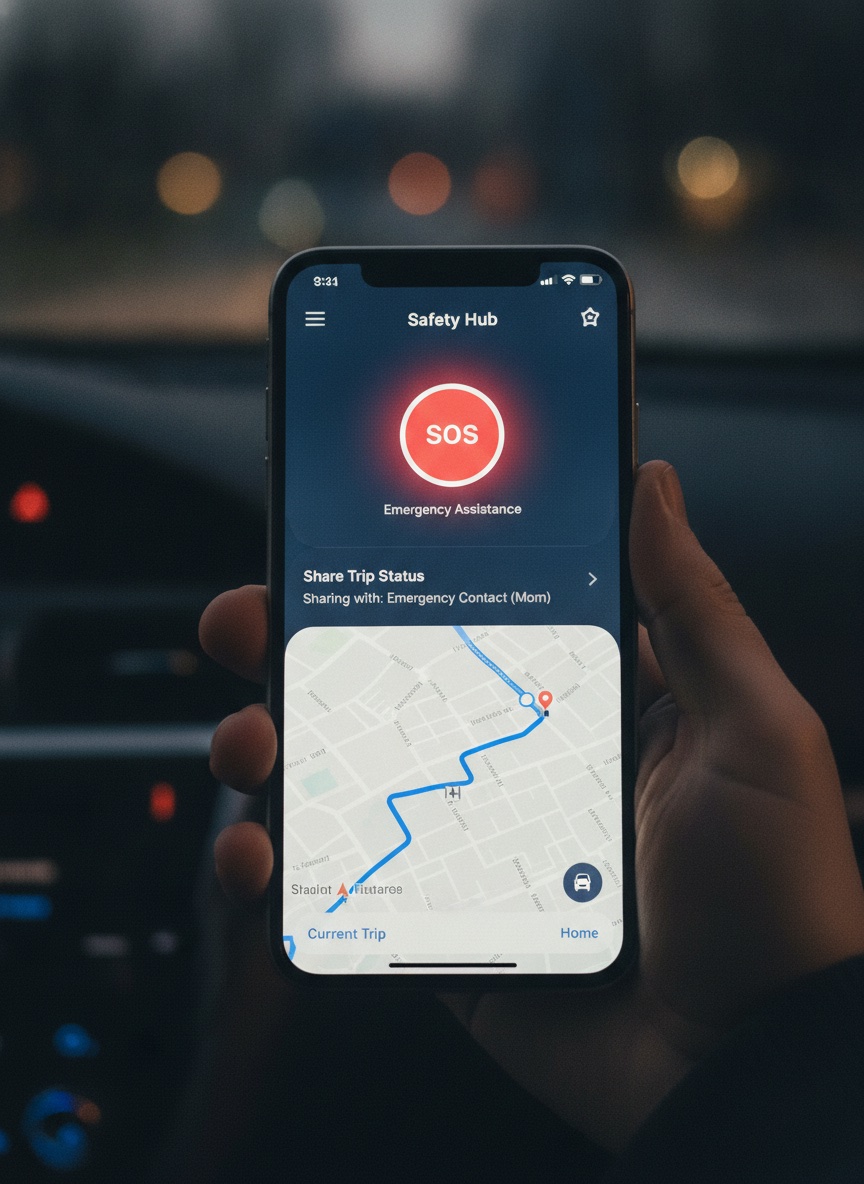 An in-app SOS and safety-feature screen on a smartphone during an active ride, showing a live trip-sharing map with an emergency button