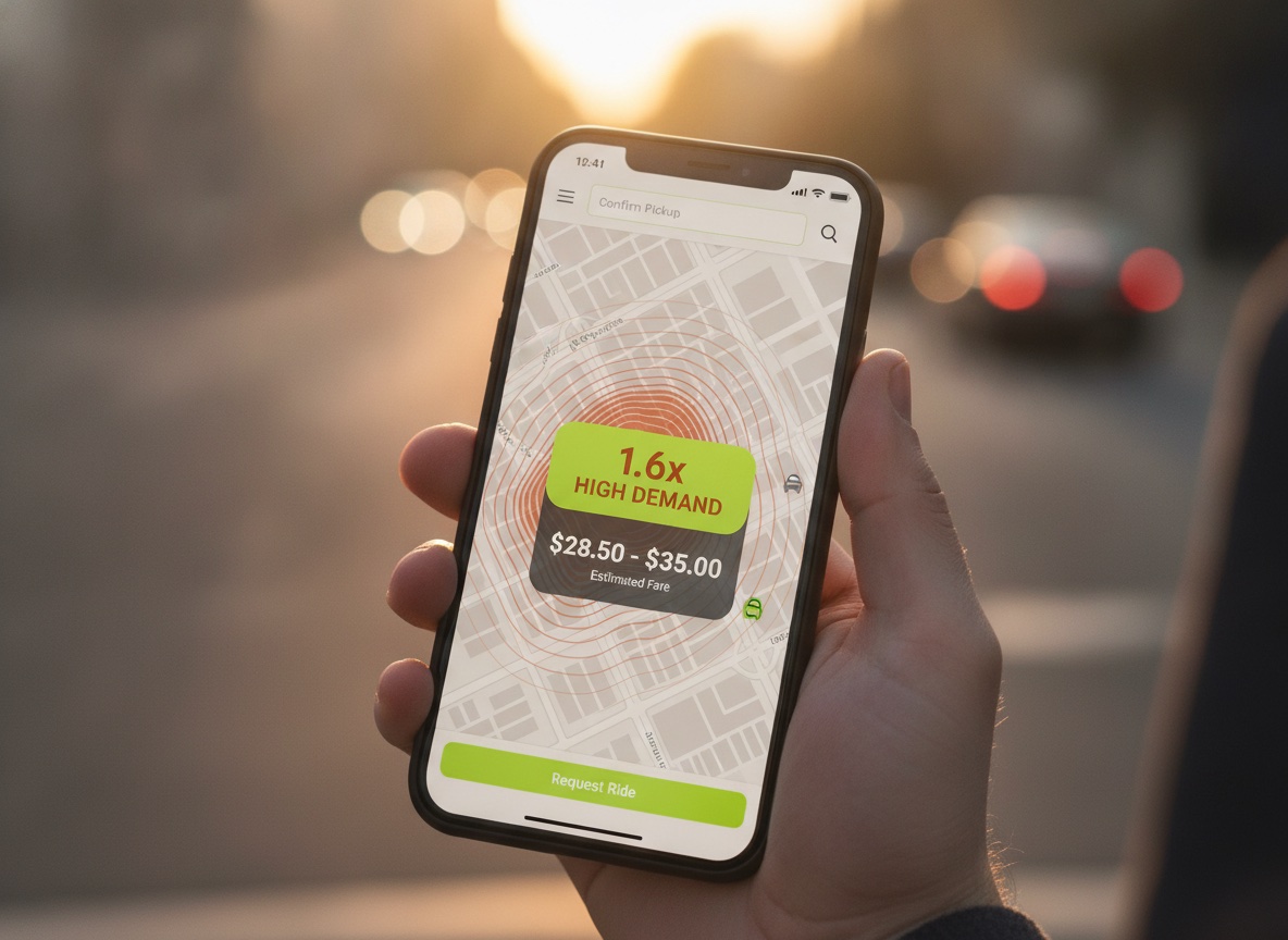 Close-up of a smartphone screen showing a fare-estimate and dynamic surge-pricing screen for a taxi booking, with a price multiplier indicator
