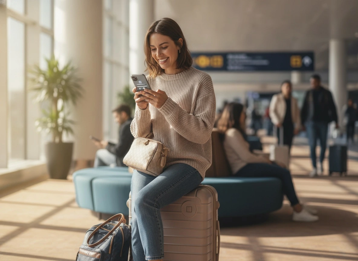 A traveler at an airport lounge smiling while completing a hotel booking and payment checkout on their smartphone