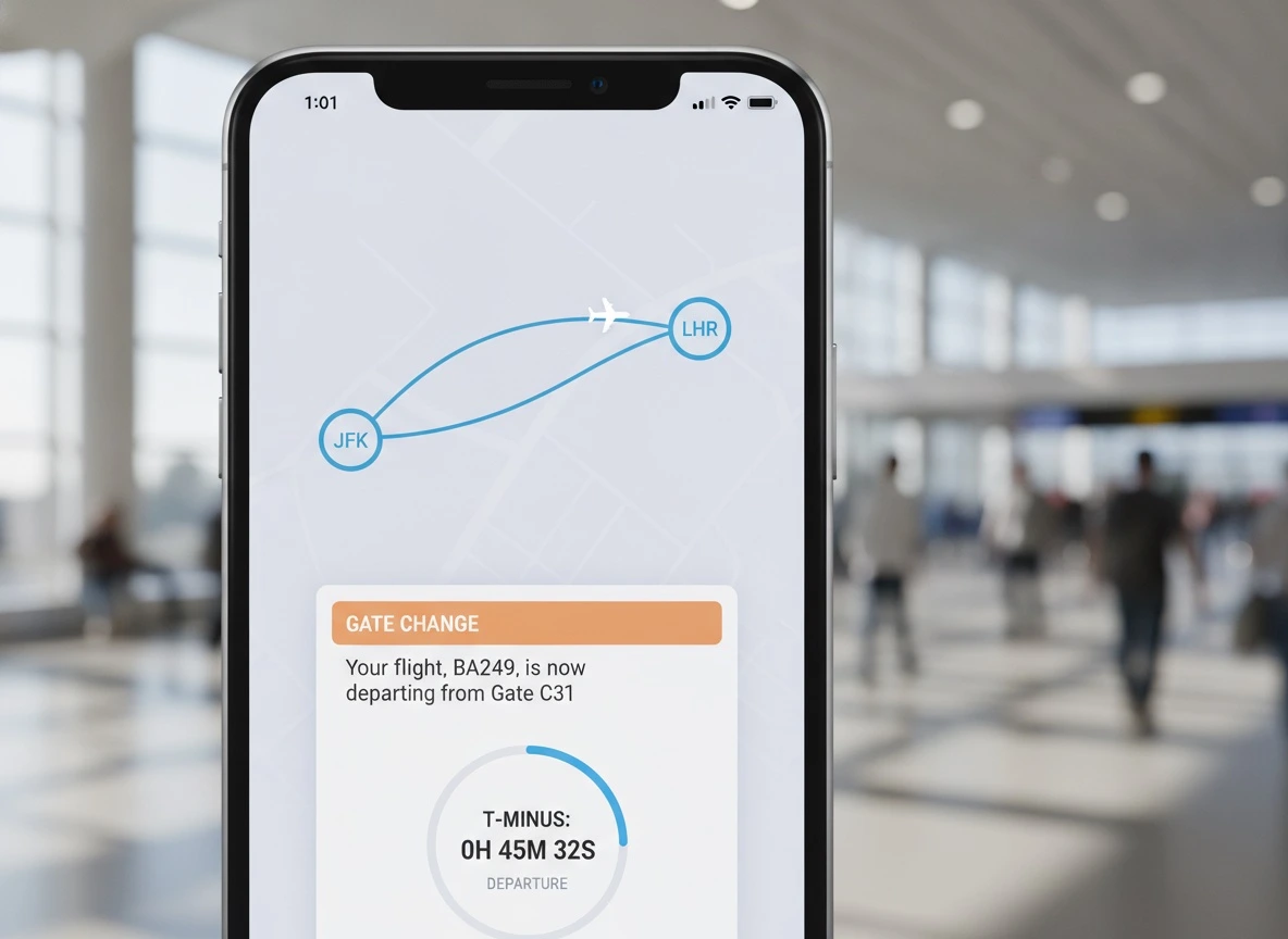 Close-up of a smartphone showing a real-time flight-tracking notification with a gate-change alert and departure countdown