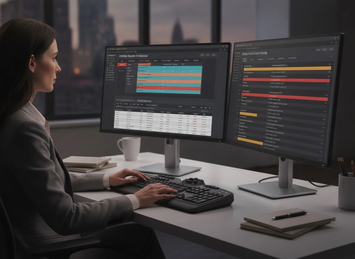 An event travel coordinator at a desk reviewing a group-travel dashboard with hotel room blocks and an attendee travel manifest