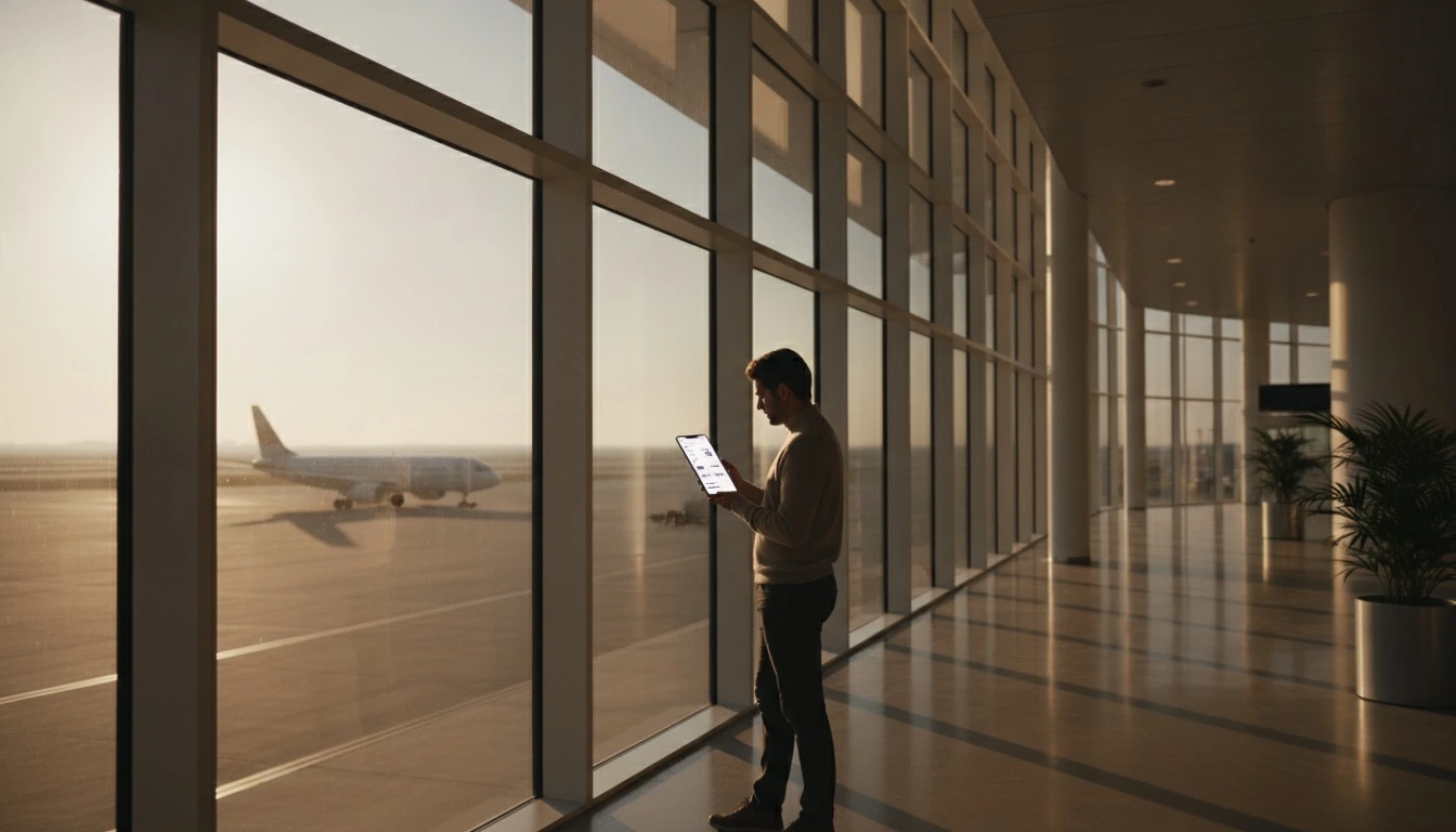 A traveler at an airport gate checking a flight-booking and itinerary app on their phone, with a runway visible through the window in golden late-afternoon light