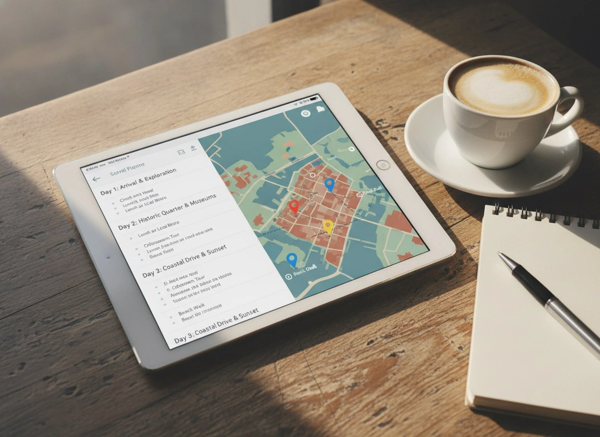 A tablet on a cafe table showing a travel itinerary-planning app with a day-by-day trip timeline next to an interactive city map