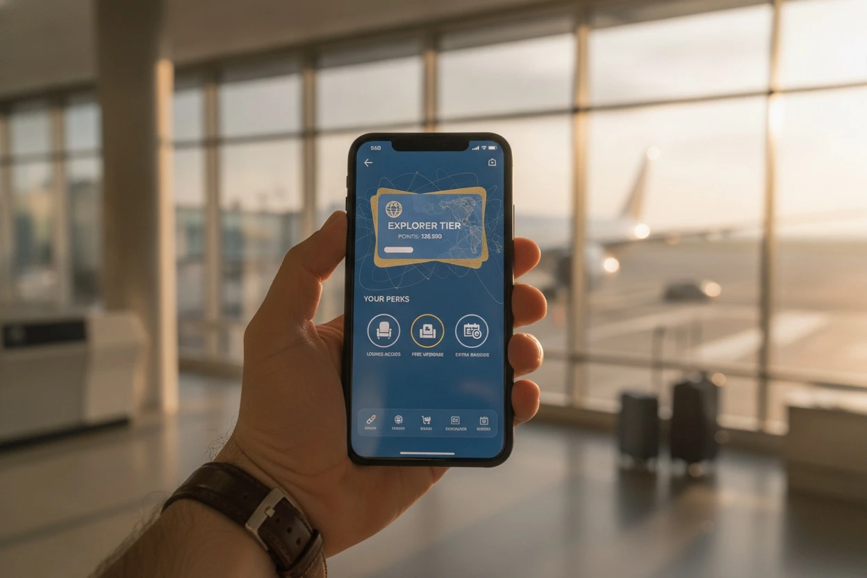 A traveler at an airport gate holding a smartphone showing a tiered travel loyalty and rewards app screen with a points balance