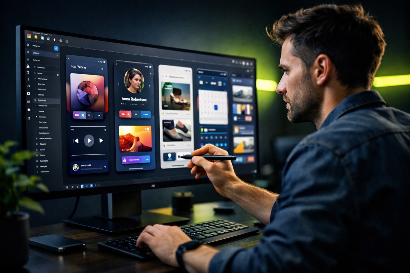 UI/UX design services โ designer reviewing high-fidelity app mockups