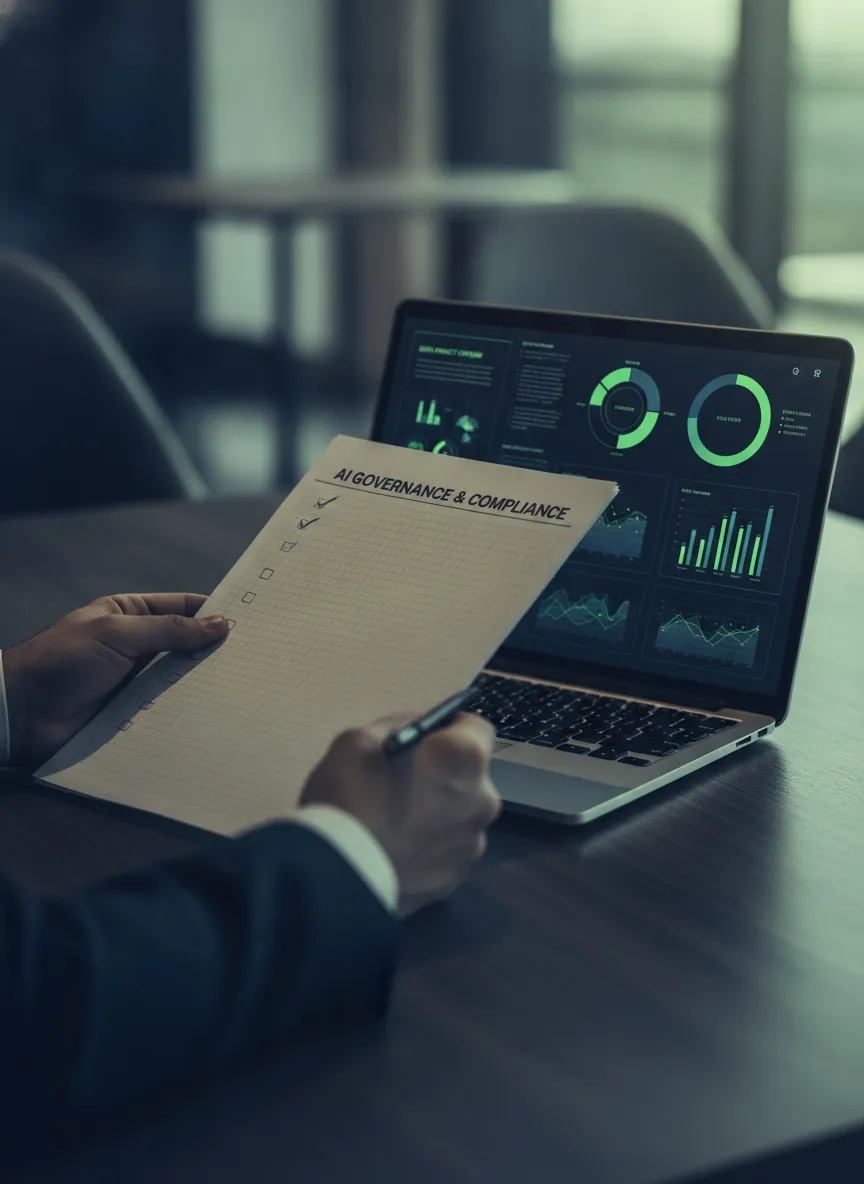 AI governance and compliance checklist review alongside a data privacy dashboard
