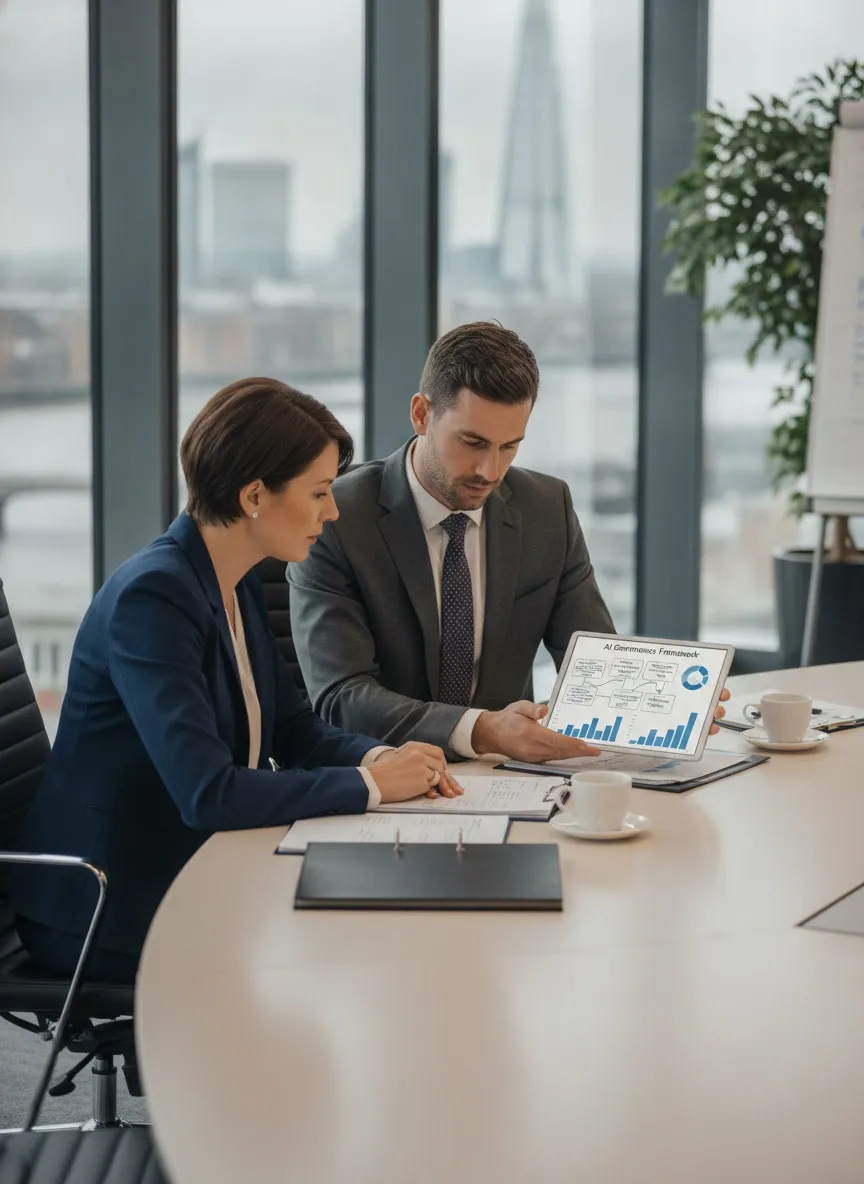 Business executive and AI strategy consultant reviewing a governance framework in a London boardroom