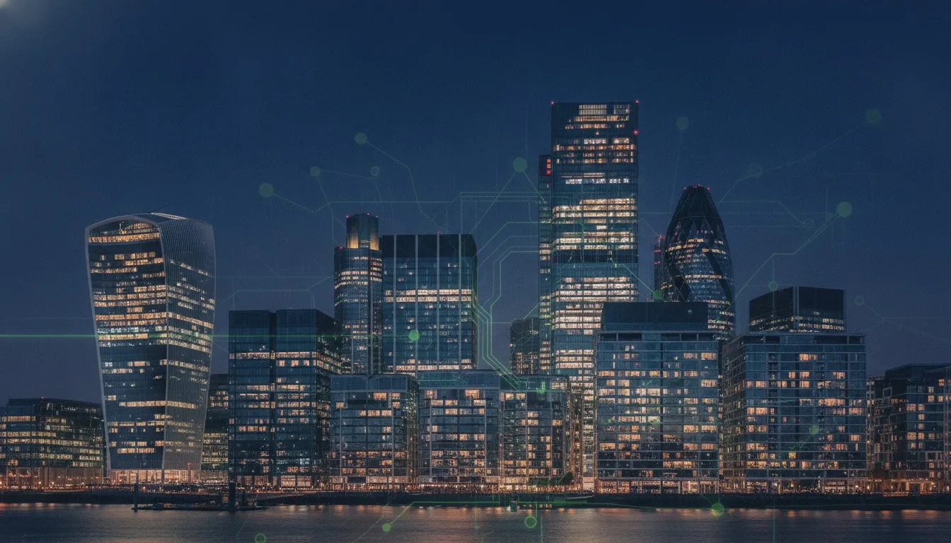 Canary Wharf London skyline with a glowing AI neural network overlay, representing UK AI development services
