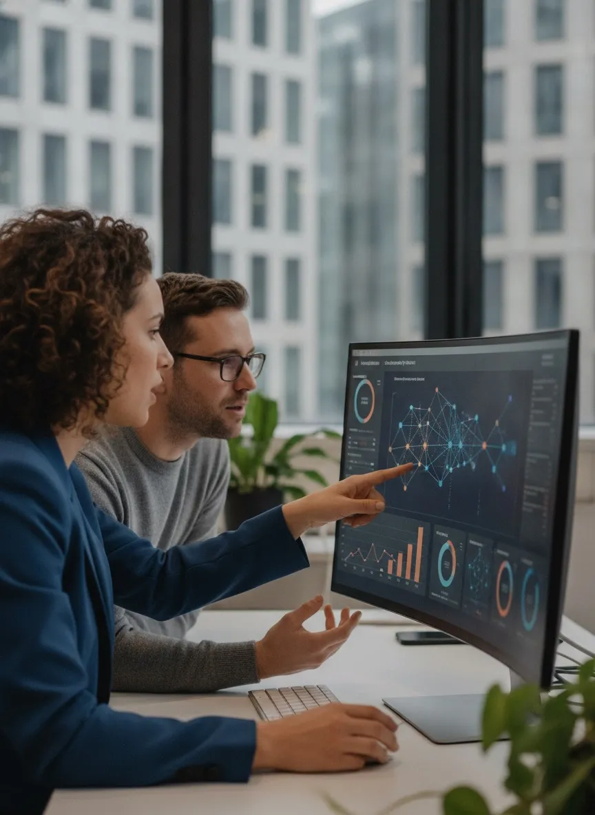 AI engineer reviewing a machine learning model dashboard in a London office
