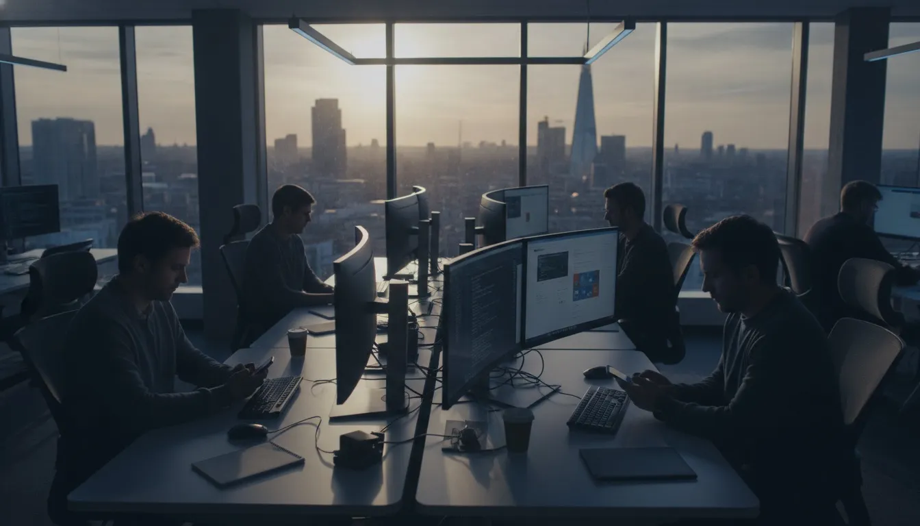 Mobile app development team working on iOS and Android devices in a London office