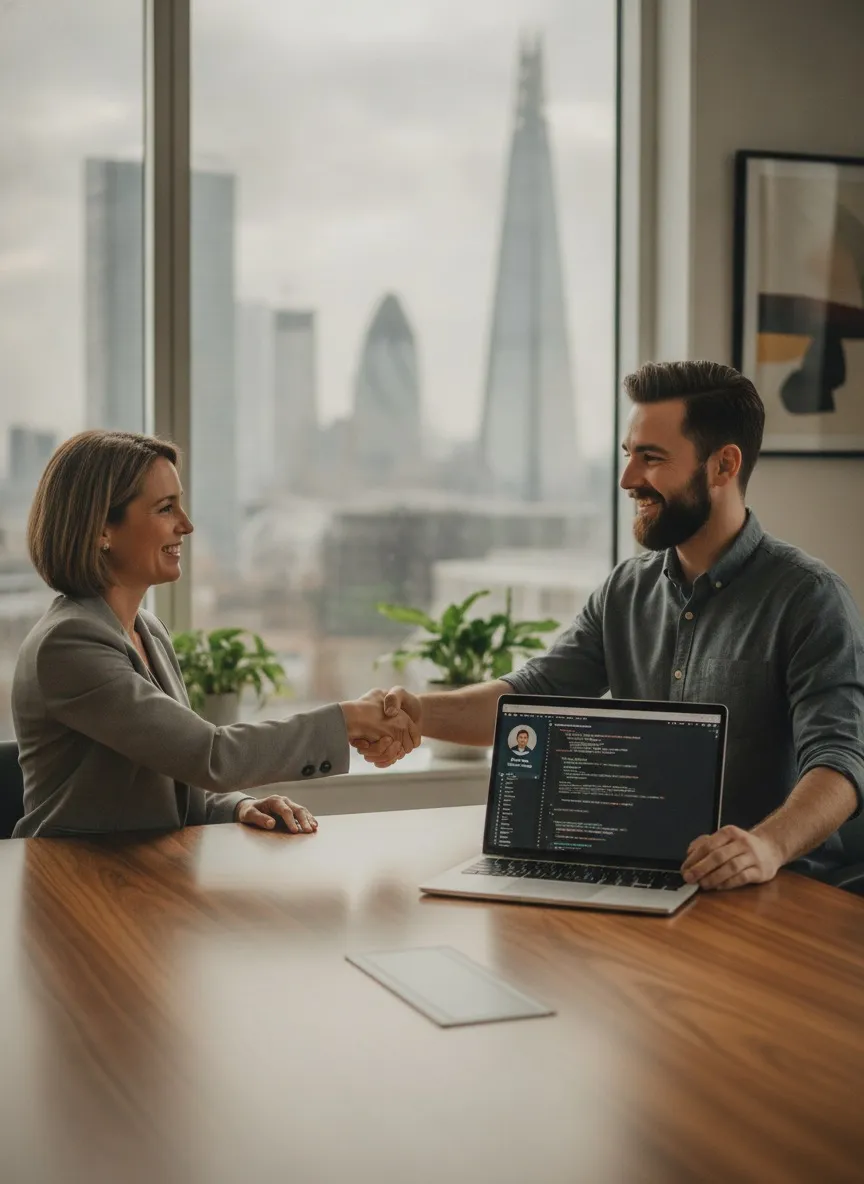 Hiring manager and mobile app developer discussing a project in a London office
