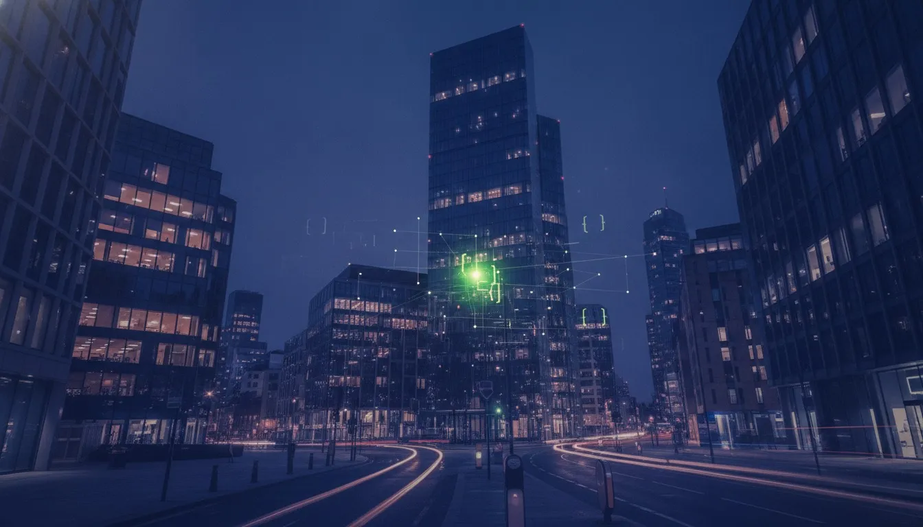 London tech district skyline with glowing software architecture diagram overlay, representing UK custom software development