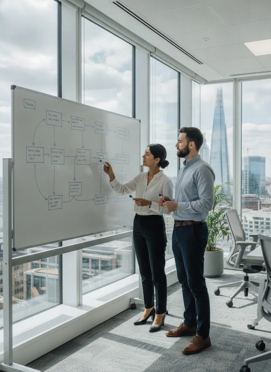 Software architect and engineer whiteboarding a system architecture diagram in a London office