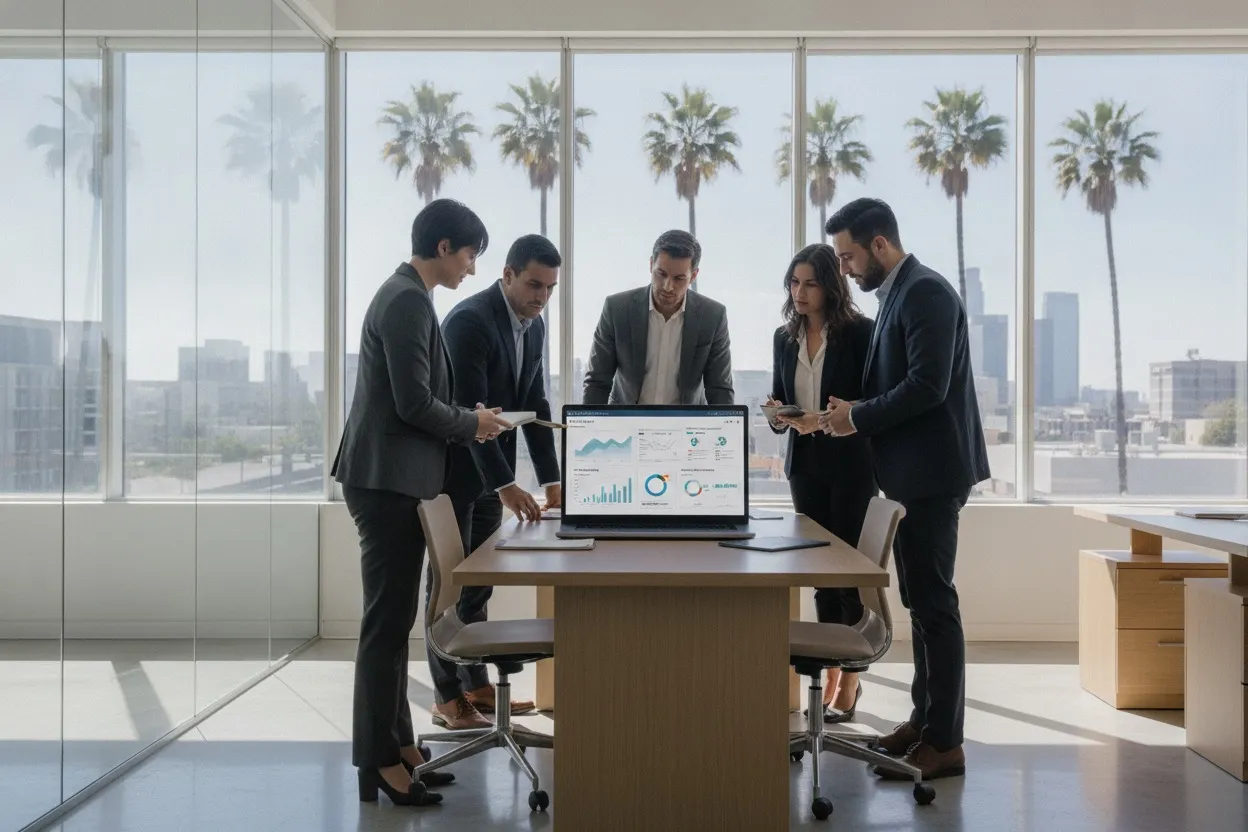 Professional team reviewing CCPA and CPRA data privacy compliance dashboards in a Los Angeles office